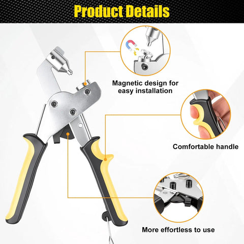 Badass Hand Press Plier With Three Interchangeable Dies And A Massive 120 Piece 15mm Stainless Steel Snap Fastener Kit For Denim Canvas Leather And Thick Fabric Repair Projects showing ergonomic handles and magnetic design.