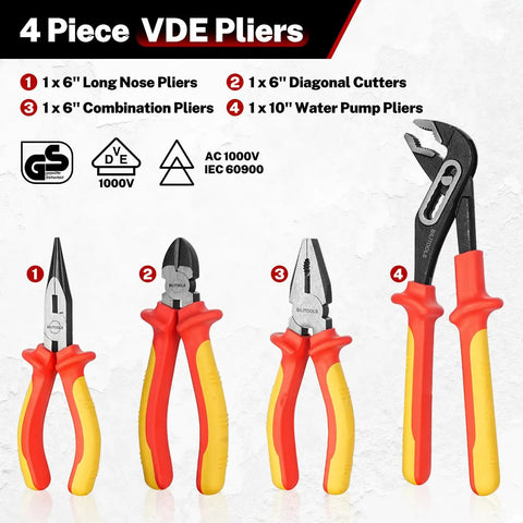Pro Grade Electrician Toolkit Featuring Vde Insulated Screwdrivers Voltage Tester Heavy Duty Needle Nose Pliers And Wire Cutters For Skilled Hands Building A Bulletproof Workbench Collection, showcasing 4 VDE pliers in red and yellow.