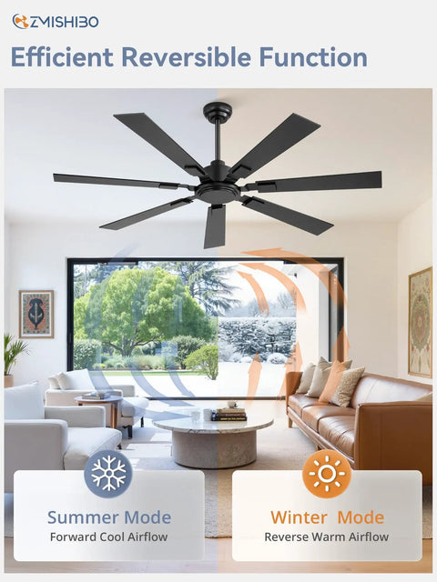 60 Inch Ceiling Fan No Light With Remote Black Modern Design Quiet DC Motor 6 Speeds 7 Blades Installed in Living Room