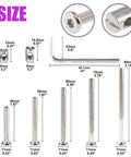100 Piece Crib Hardware Screw Kit With Nickel Plated M6 Hex Socket Head Screws In 40 50 60 70 80mm Lengths, Barrel Nuts, And Allen Wrench Included For Easy Furniture, Cot And Baby Crib Repairs, showing size dimensions.