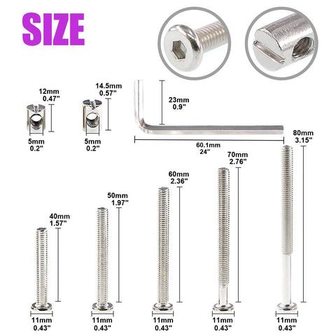 100 Piece Crib Hardware Screw Kit With Nickel Plated M6 Hex Socket Head Screws In 40 50 60 70 80mm Lengths, Barrel Nuts, And Allen Wrench Included For Easy Furniture, Cot And Baby Crib Repairs, showing size dimensions.