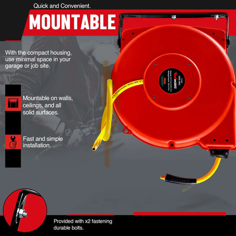 Retractable 3/8 Inch Air Hose Reel With 50 Foot PVC Hose, Heavy Duty Polypropylene Construction, shown wall-mounted.
