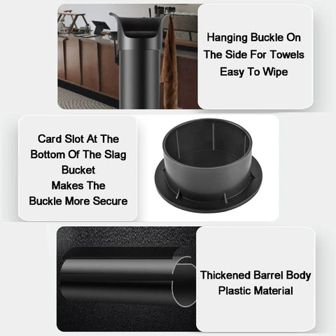 Heavy Duty White Coffee Grounds Storage Bin With Removable Base For Espresso Prep ABS Plastic Matte Finish, showing details of the hanging buckle and card slot.