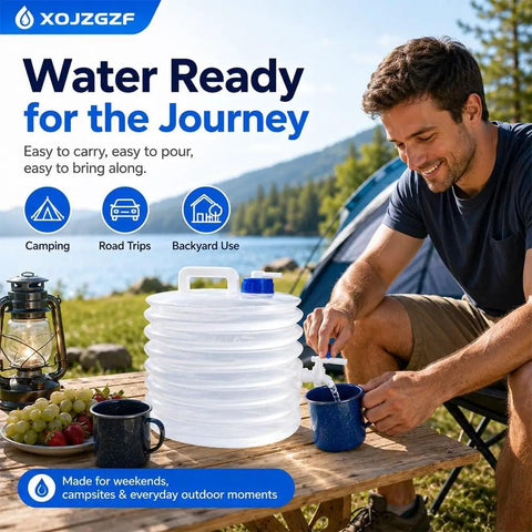 Man using Collapsible Water Container With Spigot For Camping And Road Trips on picnic table by tent