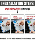 Installation steps for Heavy Duty Aluminum License Plate Bolts 4 Pack for Motorcycle and Car with rust proof anti theft screws.