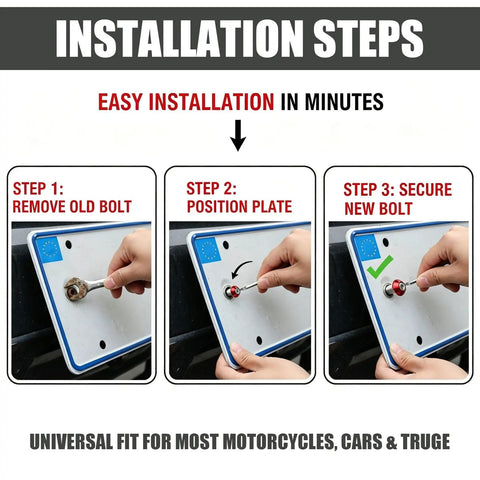 Installation steps for Heavy Duty Aluminum License Plate Bolts 4 Pack for Motorcycle and Car with rust proof anti theft screws.