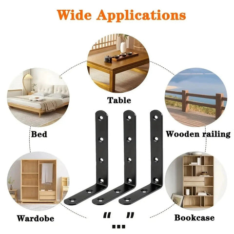 Super Heavy Duty Black Steel L Brackets 20 Pack Rock Solid Corner Reinforcements For Shelves Cabinets And Woodworking Joints 150 Millimeter Size shown in home applications.