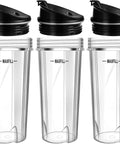 Two Pack 18 Ounce Blender Cups With Sip N Seal Flip Lids Replacement for High Power Countertop Blenders Compatible With BL480 BL481 BL482 BL490 BL640 BL680 Auto IQ 1000W Series And Duo, showing three clear cups and black lids.