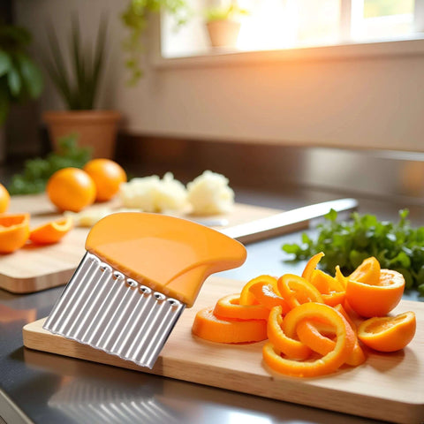 Orange crinkle vegetable cutter with stainless steel blade on cutting board, orange peels nearby