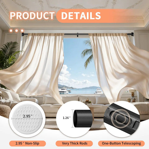 Heavy Duty Tension Curtain Rod 41 To 86 Inches No Drilling Easy Install For Windows Bathrooms Patios Black 1.26 Inch Diameter