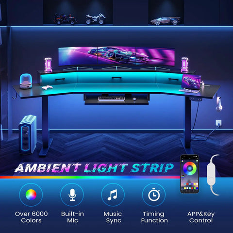 79 Inch Electric Standing Gaming Desk With Drawers And LED Lights Height Adjustable Computer Desk With Power Outlet in home setup