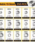 250 Piece Flat Washers Set In 304 Stainless Steel Fender Style 15 Sizes M3 M4 M5 M6 M8 M10 M12 Metric Metal Washers For Screws And Bolts