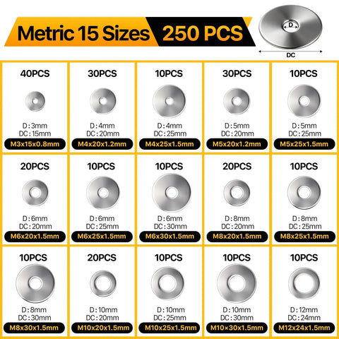 250 Piece Flat Washers Set In 304 Stainless Steel Fender Style 15 Sizes M3 M4 M5 M6 M8 M10 M12 Metric Metal Washers For Screws And Bolts