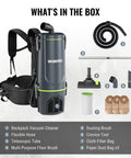 No Nonsense Commercial Grade Backpack Vacuum With Ergonomic Harness And Kickass 1200 Watt Motor For Easy Cleanups On Carpets Or Hard Floors contents displayed in the box.