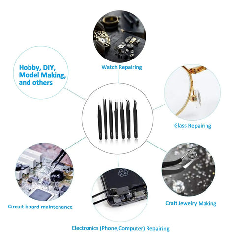Go-To All-in-One 7-Piece Precision Tweezers Set - Anti-Static Stainless Steel ESD Tweezers Kit For Electronics, Soldering, Jewelry