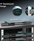 19-inch rackmount 18 Port 2.5G PoE Switch Unmanaged With 16 PoE Ports And 2x 10G SFP Uplink, front view in cabinet setup