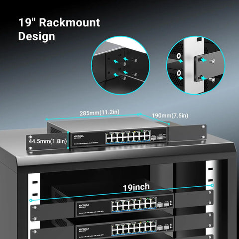 19-inch rackmount 18 Port 2.5G PoE Switch Unmanaged With 16 PoE Ports And 2x 10G SFP Uplink, front view in cabinet setup