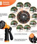 No Tangle 25ft Stainless Steel Garden Hose With Ten Function Adjustable Spray Nozzle showing 10 spray patterns