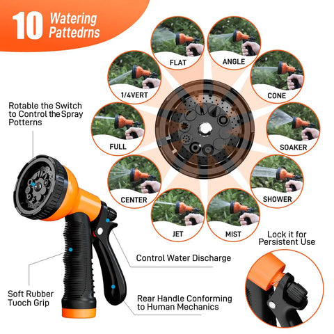 No Tangle 25ft Stainless Steel Garden Hose With Ten Function Adjustable Spray Nozzle showing 10 spray patterns
