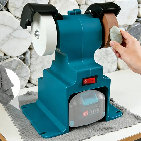 Depisuta Mini Bench Grinder Electric Small Sander For Metal Wood Knife Making Jewelry Buffing Bench Buffer Polisher on desk with a user.
