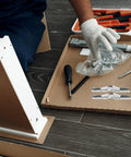 Installation of 4 Pack 90 Degree Folding Cabinet Hinges With Short Arm Adjustable Hidden Cupboard Door Hinges and tools on floor
