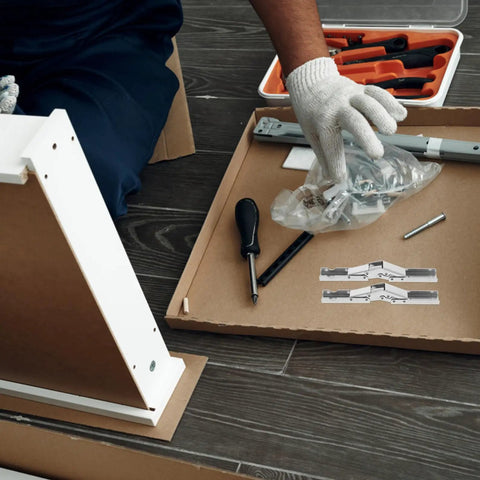 Installation of 4 Pack 90 Degree Folding Cabinet Hinges With Short Arm Adjustable Hidden Cupboard Door Hinges and tools on floor