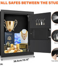 17.71 Inch Fireproof Hidden Wall Safe with Numeric Keypad and spare keys, open view showing passport, jewelry, and cash inside