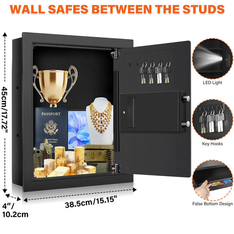 17.71 Inch Fireproof Hidden Wall Safe with Numeric Keypad and spare keys, open view showing passport, jewelry, and cash inside