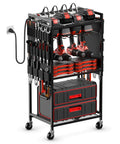 Heavy Duty Power Tool Organizer Cart With Charging Station And Battery Storage, 8 Outlet 10 Ft Power Strip, Black, in use