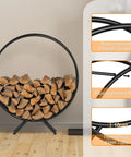 Heavy Duty 31-Inch Firewood Rack for Outdoor Use, round powder coated metal, holds stacked logs, features rust-resistant coating