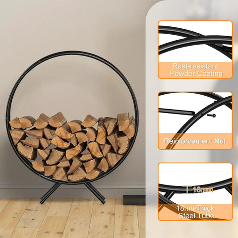 Heavy Duty 31-Inch Firewood Rack for Outdoor Use, round powder coated metal, holds stacked logs, features rust-resistant coating