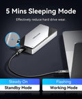 Blazing Fast M2 NVMe SSD Enclosure In Solid Aluminum Built In Cooling Fan For Thunderbolt And USB showing standby and working mode.