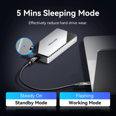 Blazing Fast M2 NVMe SSD Enclosure In Solid Aluminum Built In Cooling Fan For Thunderbolt And USB showing standby and working mode.