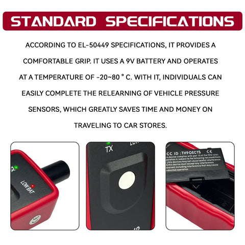 Ford TPMS Relearn Tool Upgraded EL50449 with battery compartment and LED indicators.