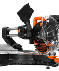 Side view of 15 Amp 10 Inch Dual Bevel Sliding Compound Miter Saw with LED Cutline, compact dual rail for precise cuts, black and orange design.