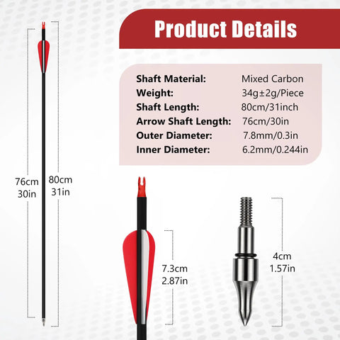 30 Inch Carbon Arrow Set With Removable Tips, 14 Pcs, Spine 500, hybrid carbon shafts with product dimensions and details.