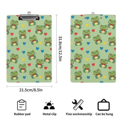 Kawaii Print Acrylic Clipboard For Workday Vibes, Thick Clear Clipboard Fits Letter Size Papers, Hanging Hole Office Supply For Home Office, School, And Warehouse Use, Durable Desk Accessory; frog print, 8.5 x 12.5 in