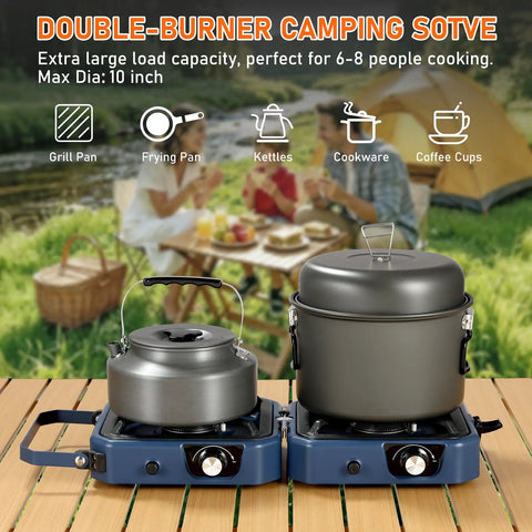 Beefy Two Burner Camp Stove With Foldable Griddle, Portable 24000 BTU Propane Stove for Camping with kettle and cookware.