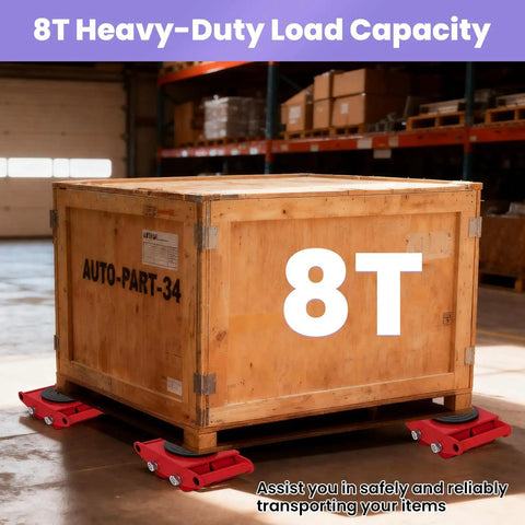 Heavy Duty 4 Pack Machine Skates For Moving Heavy Equipment In Warehouse With Silent Pu Wheels Non Marking And Strong Carbon Steel Frames Built Tough under a wooden crate with 8-ton load capacity.