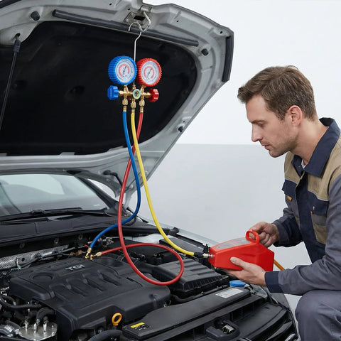 Technician using 4.2 Cfm Pneumatic Vacuum Pump Air Operated Evacuation Tool For Automotive Air Conditioner Systems on car engine.