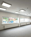Room with ceiling-installed 2x4 LED Flat Panel Surface Mount Kit With Aluminum White Frame And Mounting Screws for No-Fuss Easy Install