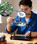 Person using soldering station with 5X magnifying light and adjustable 4 arm PCB holder for soldering assembly and repair, hands-free workbench setup