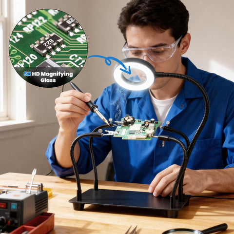 Person using soldering station with 5X magnifying light and adjustable 4 arm PCB holder for soldering assembly and repair, hands-free workbench setup