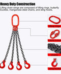 Heavy Duty Four Leg Chain Sling With Adjustable Grab Hooks For Engine Hoist And Industrial Crane Gear Crafted From Tough G80 Alloy Steel showing lifting rings, chains, and sling hooks.