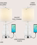Chrome and Clear Cora Glass Table Lamp Set of 2 with USB Charging Port; On/Off pull chains and white linen shades visible.