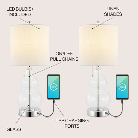Chrome and Clear Cora Glass Table Lamp Set of 2 with USB Charging Port; On/Off pull chains and white linen shades visible.