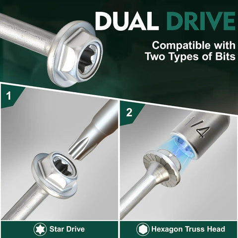 Dual drive joist hanger screws with star and hexagon truss head compatibility for easy installations.