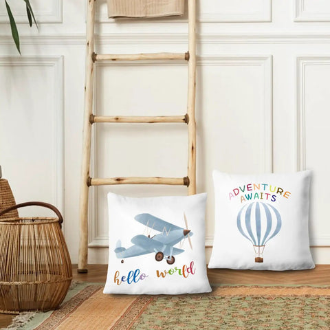 Soft Flannel Nursery Pillow Cases 18x18 Set Of 2 Featuring Hot Air Balloon And Airplane Theme For Boys Room And Toddler Playroom