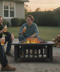 32 Inch Fire Pit Table Outdoor Patio Heater Square Metal Stove For Backyard And Garden, surrounded by people enjoying drinks