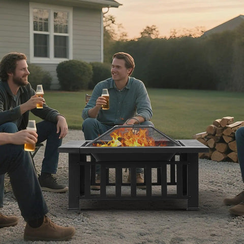 32 Inch Fire Pit Table Outdoor Patio Heater Square Metal Stove For Backyard And Garden, surrounded by people enjoying drinks